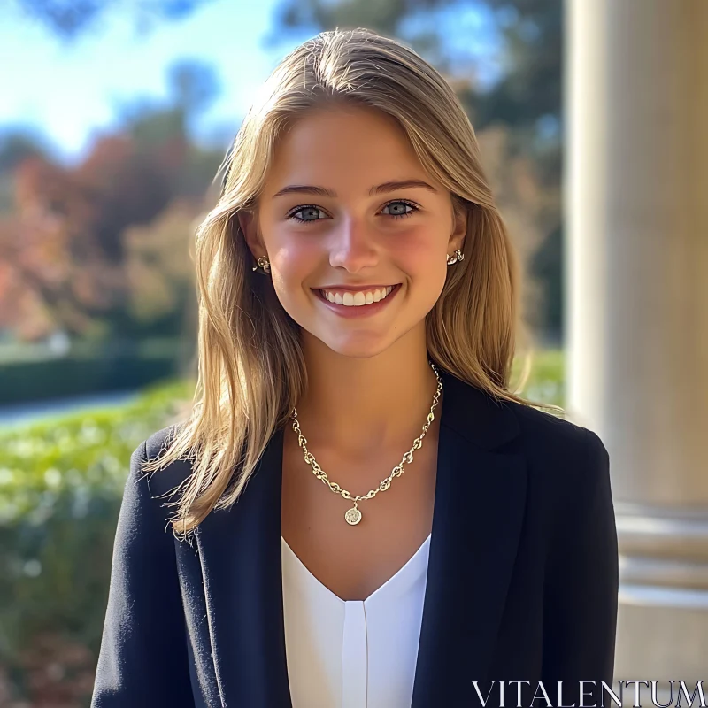 Smiling Woman in Black Blazer and Gold Jewelry Smiling Woman in Black Blazer and Gold Jewelry