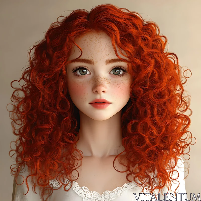 Freckled Beauty with Curly Red Hair AI Image