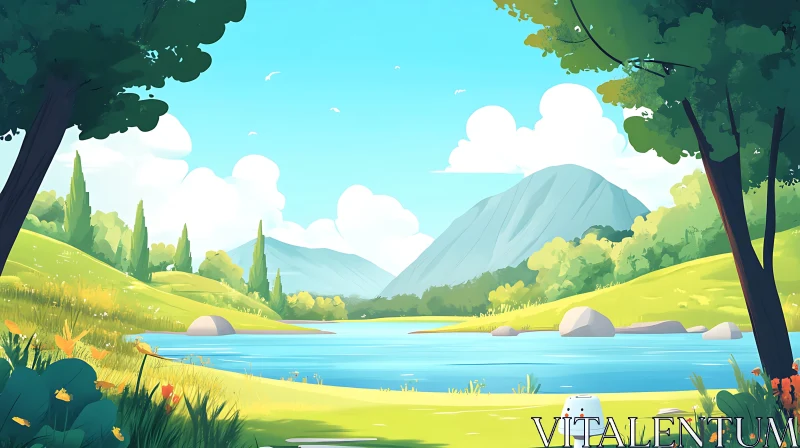 Peaceful Lake with Lush Greenery and Mountains Peaceful Lake with Lush Greenery and Mountains