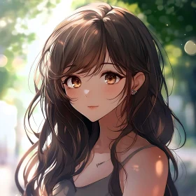 Beautiful Brown-Haired Anime Girl in Sunlit Setting