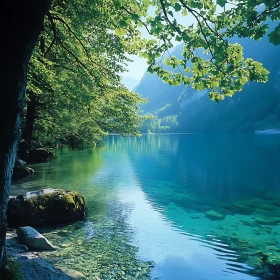 Peaceful Lakeside Scenery with Forest and Mountains