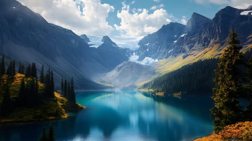 Tranquil Lake Amidst Snow-Capped Mountains and Forests