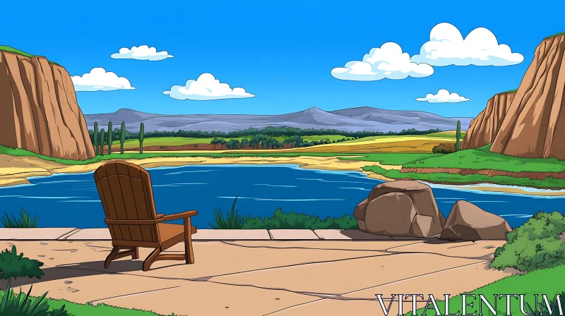 Serene Lake View with Mountains and Chair Serene Lake View with Mountains and Chair