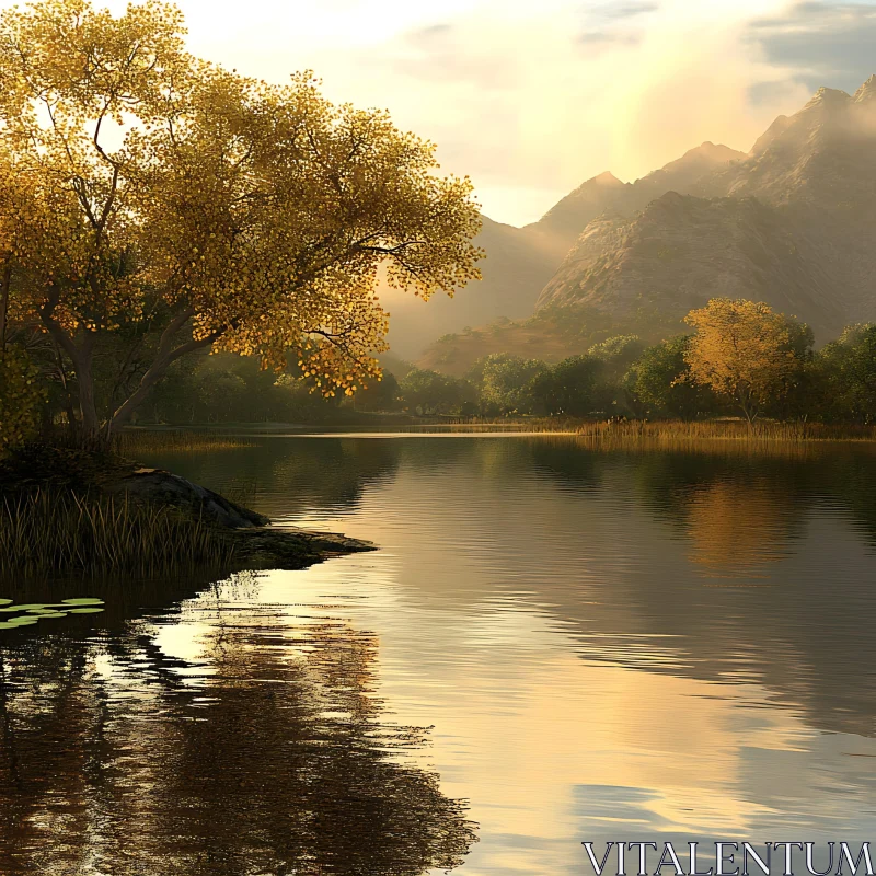 Peaceful Autumn Lake and Mountains