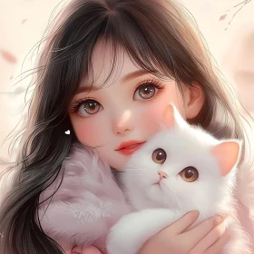 Sweet Anime Girl and Fluffy White Cat Art