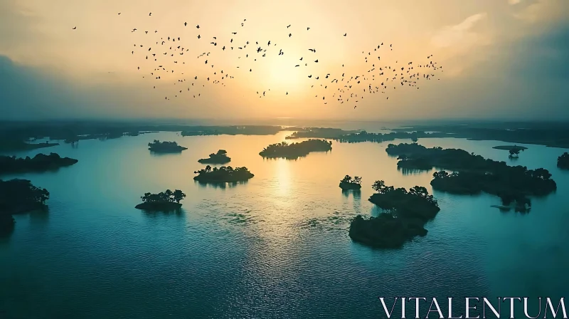 Sunset Over Serene Island-Laden Lake