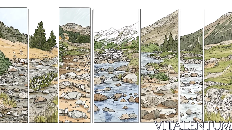 Six-Panel Mountain and River Scene AI Image