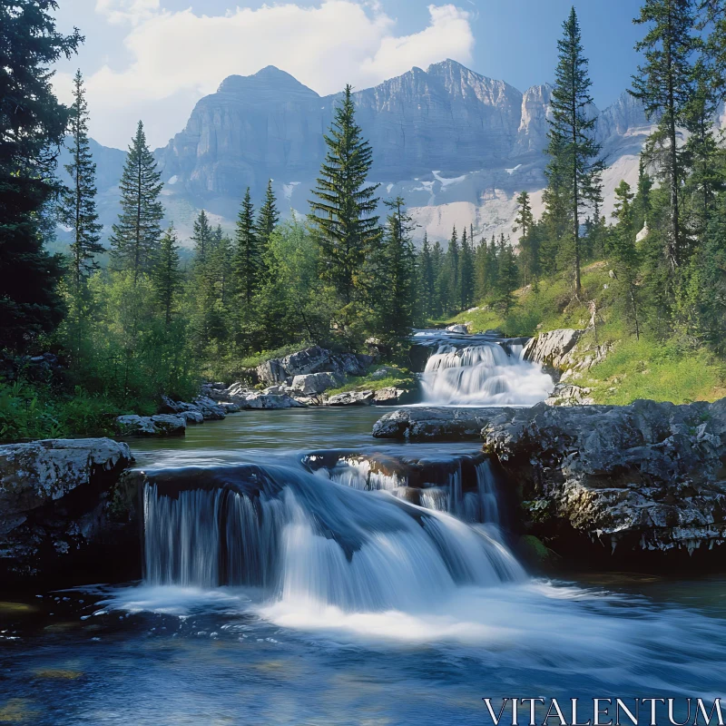 Mountain Stream with Waterfall Surrounded by Pine Trees AI Image