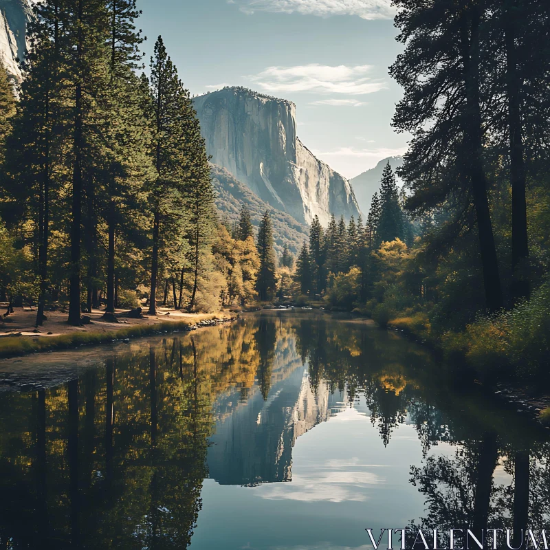 AI ART Serene Forest Lake with Reflective Mountain Cliffs