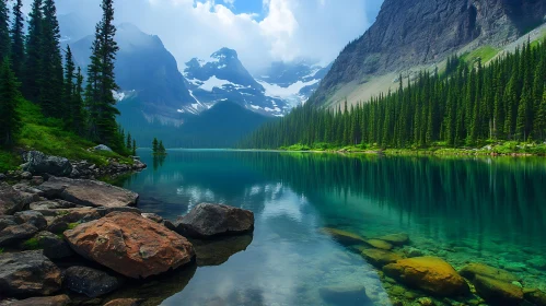 Tranquil Mountain Lake with Pine Trees and Rocky Shore