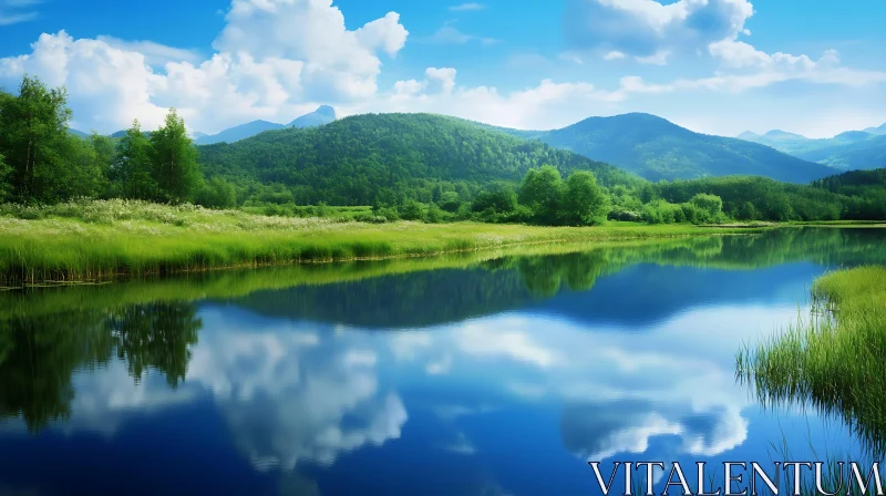 Calm Lake Reflecting Mountains and Forest AI Image