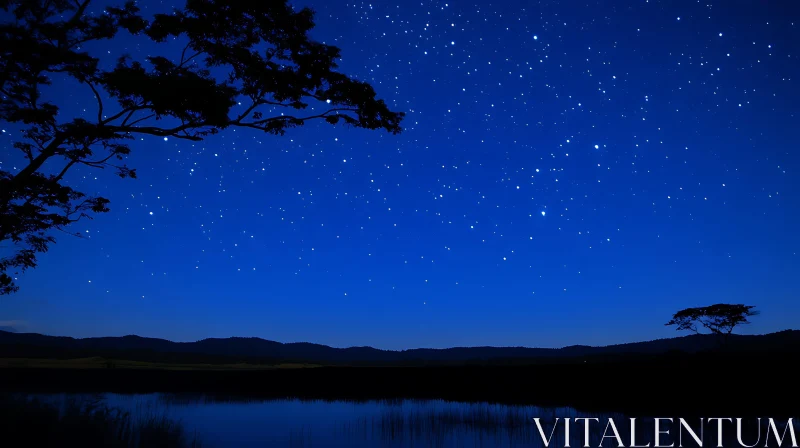 Starry Night Over Silhouetted Trees and Water AI Image