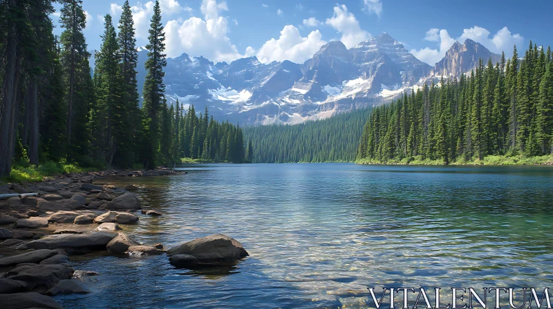 Serene Mountain Lake with Dense Forest and Rocky Shoreline AI Image