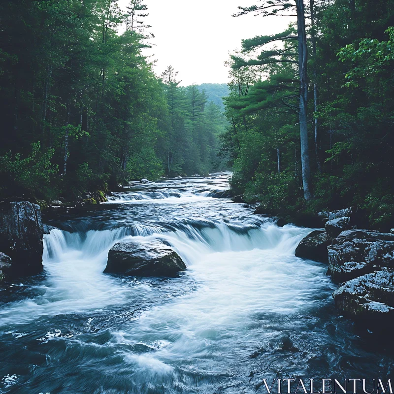 Peaceful Waterfall in Verdant Woodland AI Image