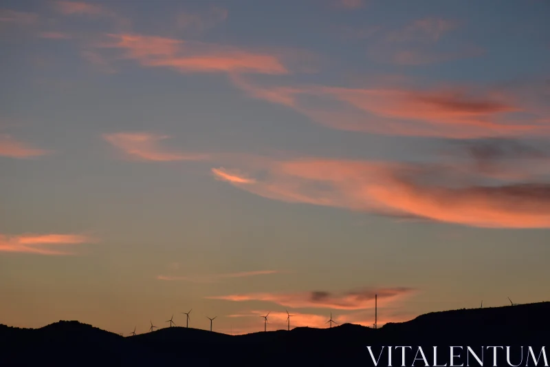 Sunset Sky with Windmills Silhouette Free Stock Photo