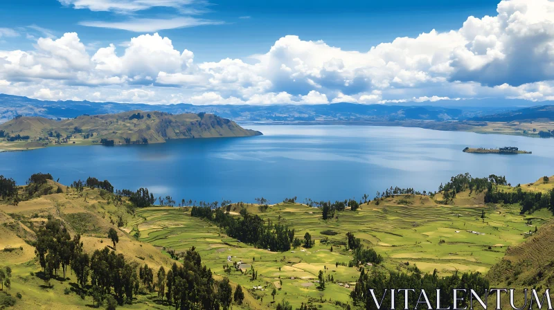 Serene Lake Landscape with Green Hills and Fluffy Clouds AI Image