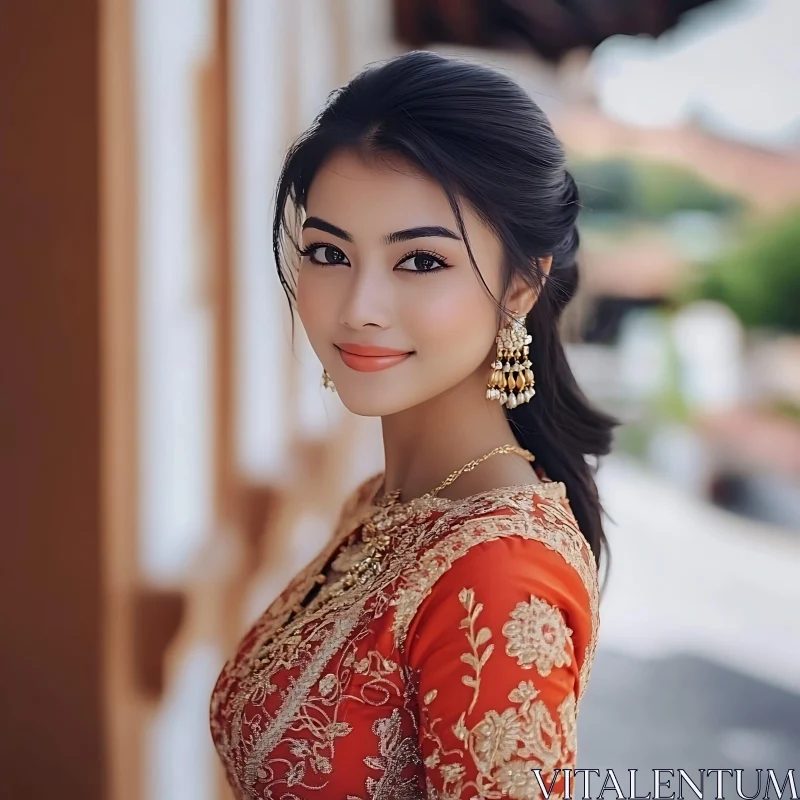 Smiling Woman in Ornate Traditional Dress AI Image