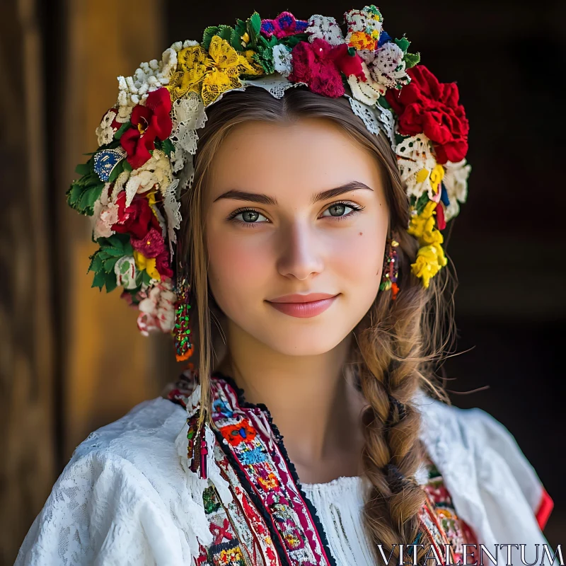 AI ART Traditional Portrait of a Woman with Braided Hair and Flower Crown