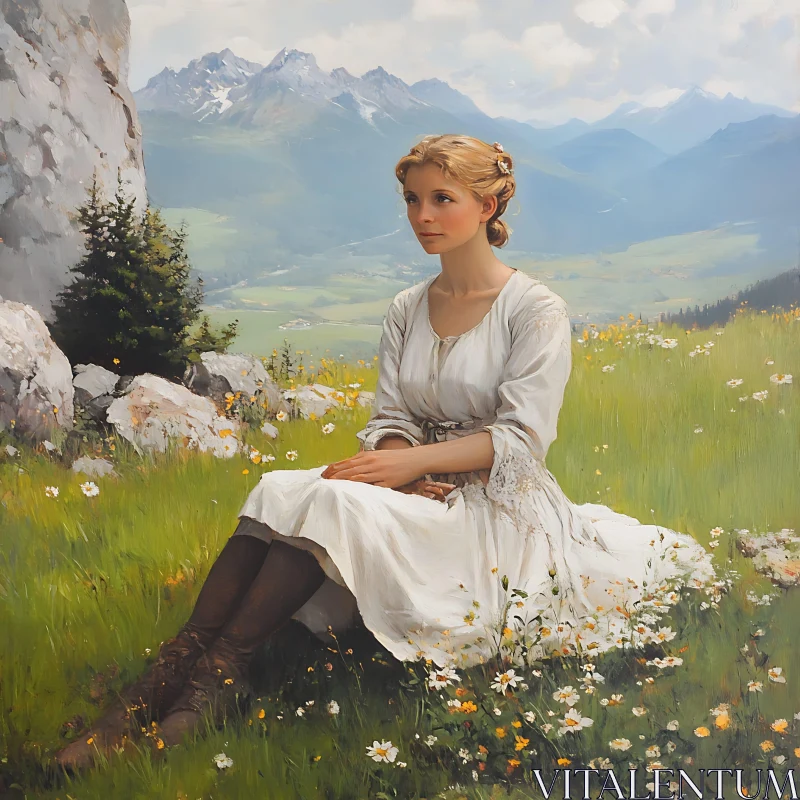 AI ART Tranquil Meadow Scene with Woman and Mountains