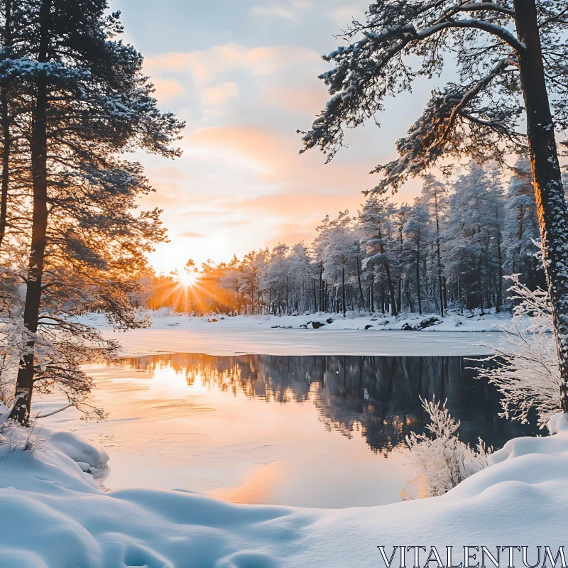 Winter Landscape with Snowy Forest and Sunset Reflections AI Image