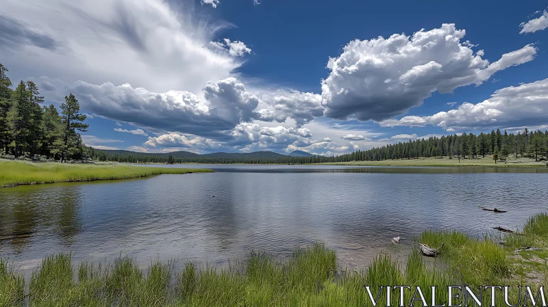 Tranquil Lake Landscape Under a Cloudy Sky AI Image