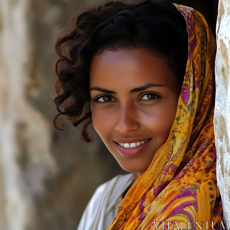 Serene Smiling Woman in Vibrant Scarf AI Image