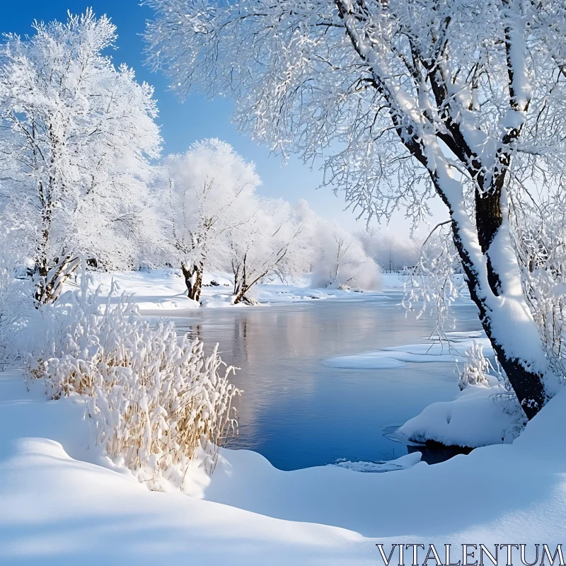 Peaceful Snowy River in Winter AI Image