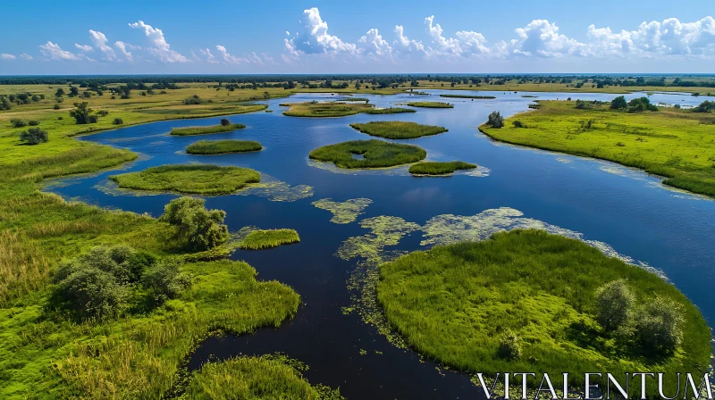 Aerial Landscape of River and Wetlands with Green Vegetation AI Image