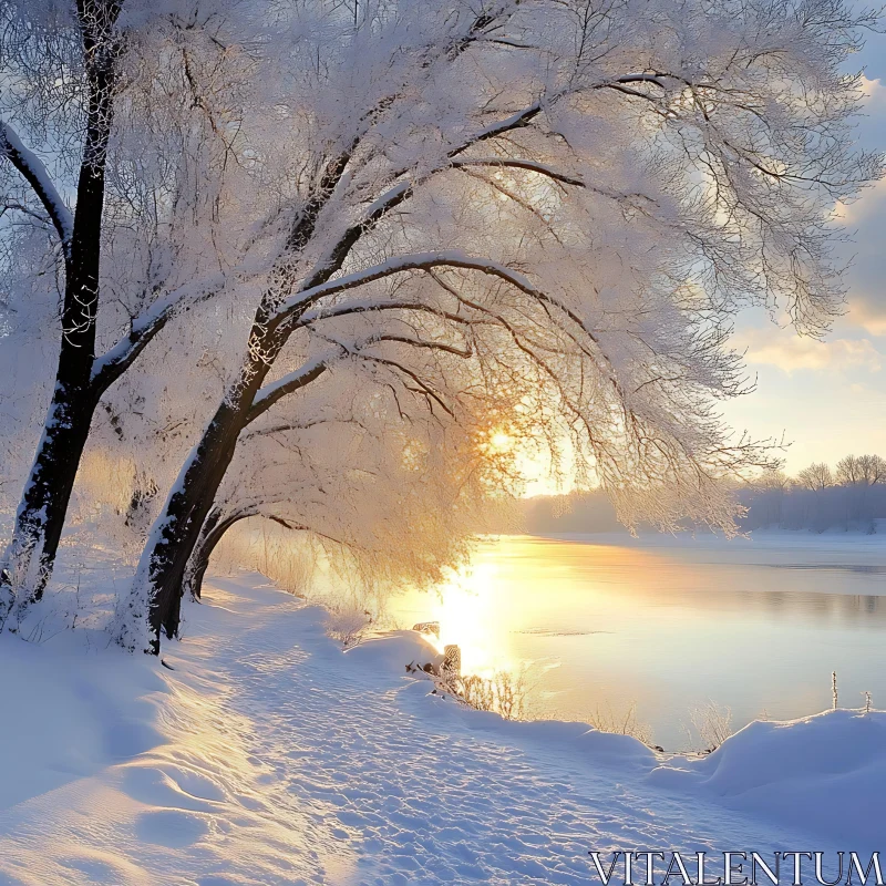 Winter Sunset Over a Tranquil River AI Image