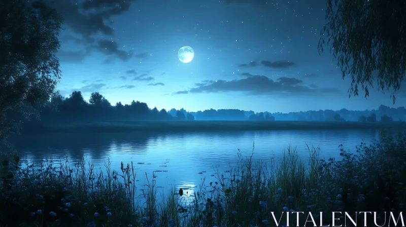 Serene Nightscape of Moonlit Lake AI Image