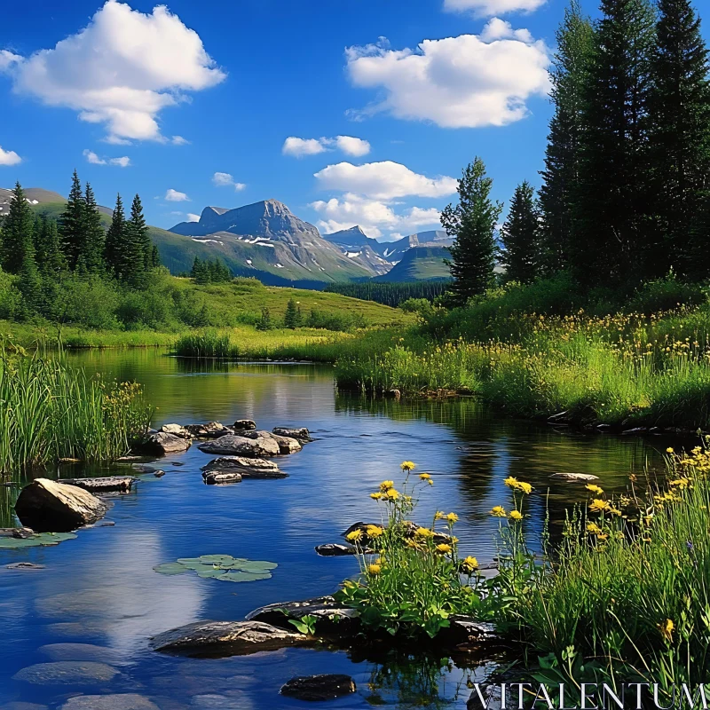 Peaceful Meadow and Mountain Scenery AI Image