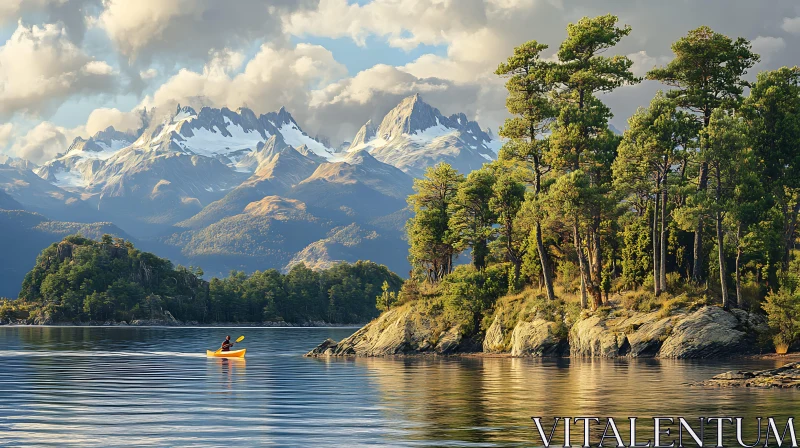 AI ART Peaceful Mountain Lake with Canoe and Trees