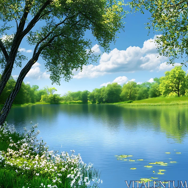 Peaceful Lake Surrounded by Nature AI Image