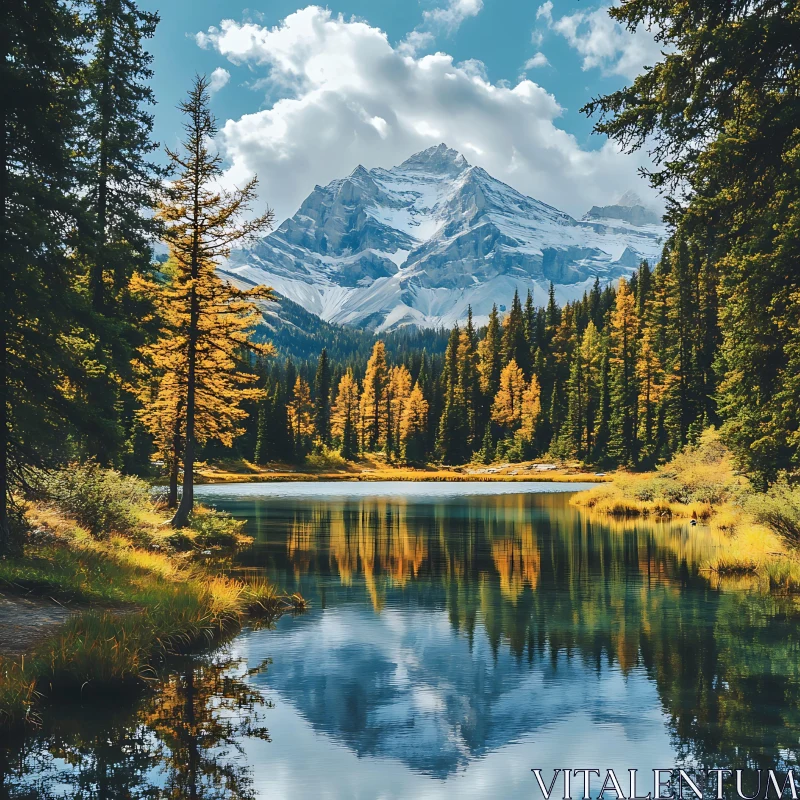 Tranquil Lake with Reflections and Autumn Foliage AI Image