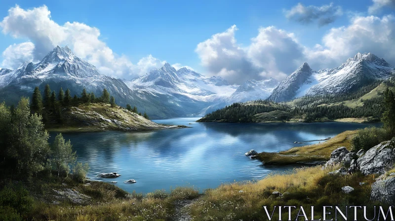 Tranquil Mountain Scenery with Reflective Lake AI Image