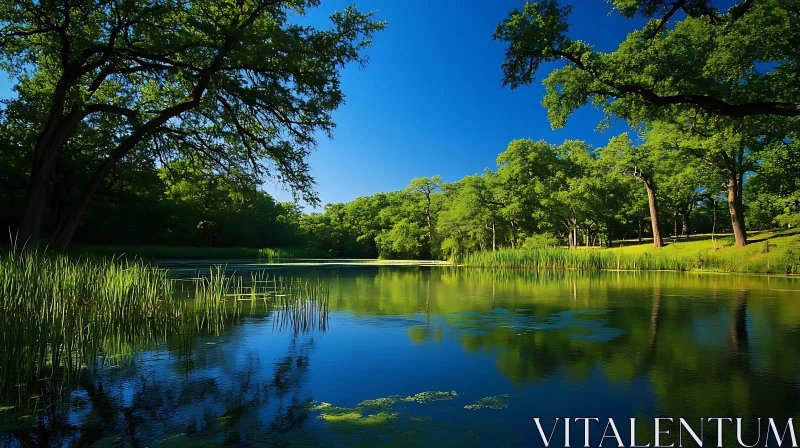 Peaceful Lake with Reflective Waters and Green Trees AI Image