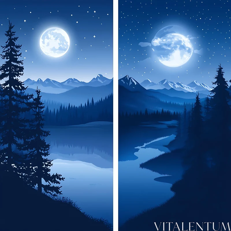 Tranquil Night Landscape with Moonlit Water and Mountains AI Image