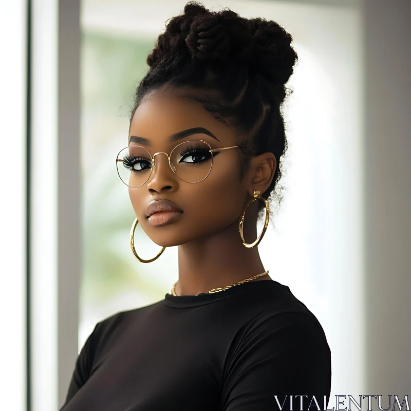 Stylish Woman in Glasses and Hoop Earrings AI Image