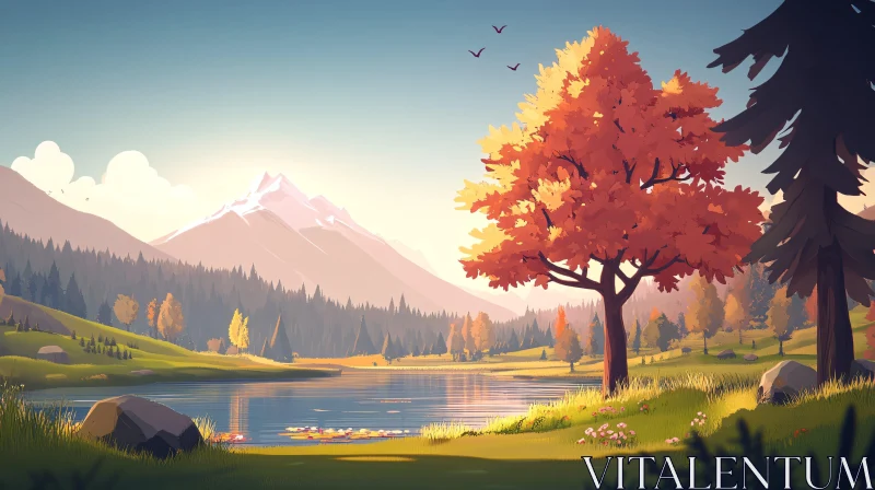 AI ART Autumn Landscape with Lake and Mountains