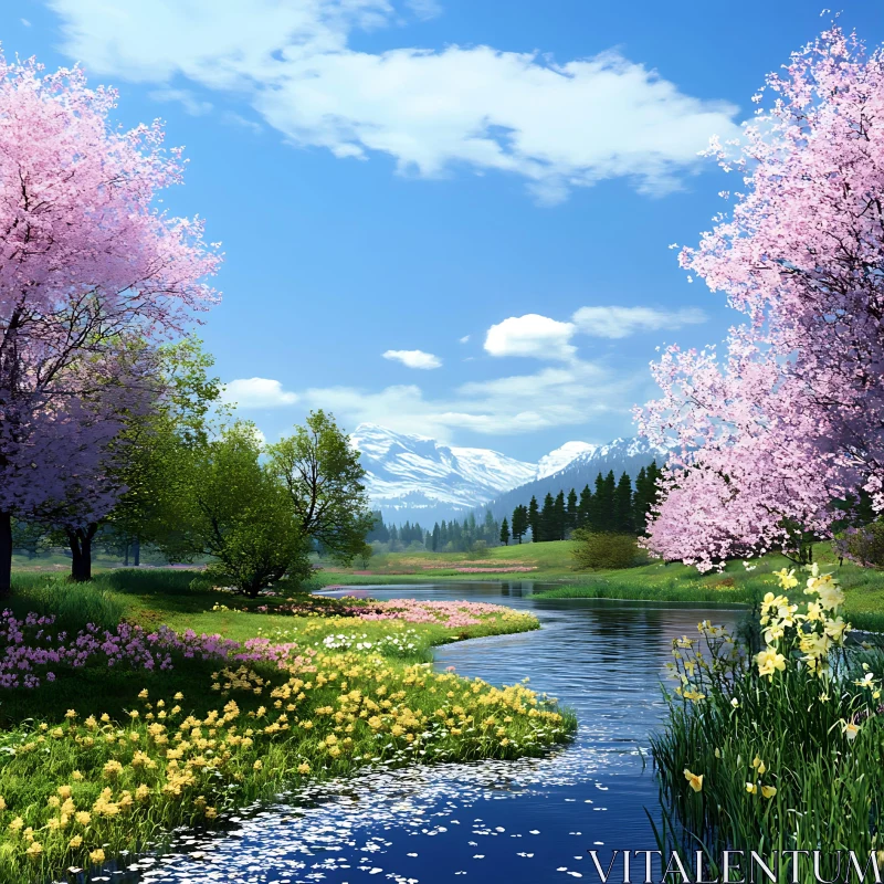 Tranquil Spring Meadow with Flowers and River AI Image