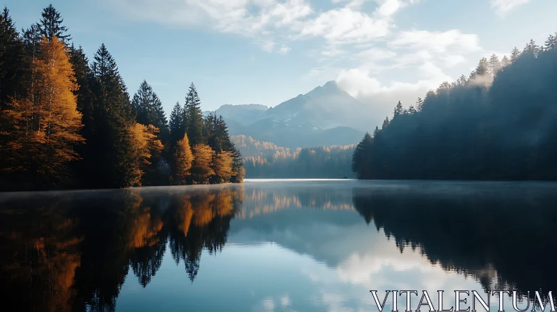 Tranquil Autumn Landscape with Reflective Lake AI Image