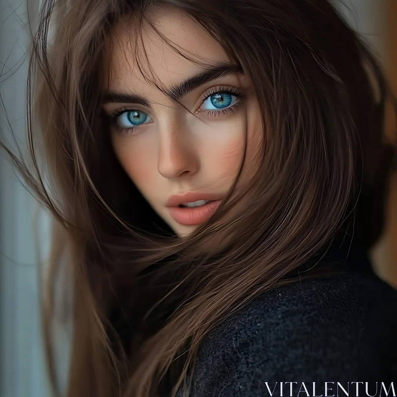 Stunning Close-Up of Brunette with Blue Eyes AI Image