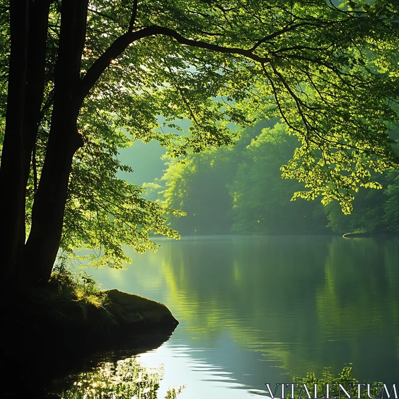 Peaceful Forest Lake with Sunlight AI Image