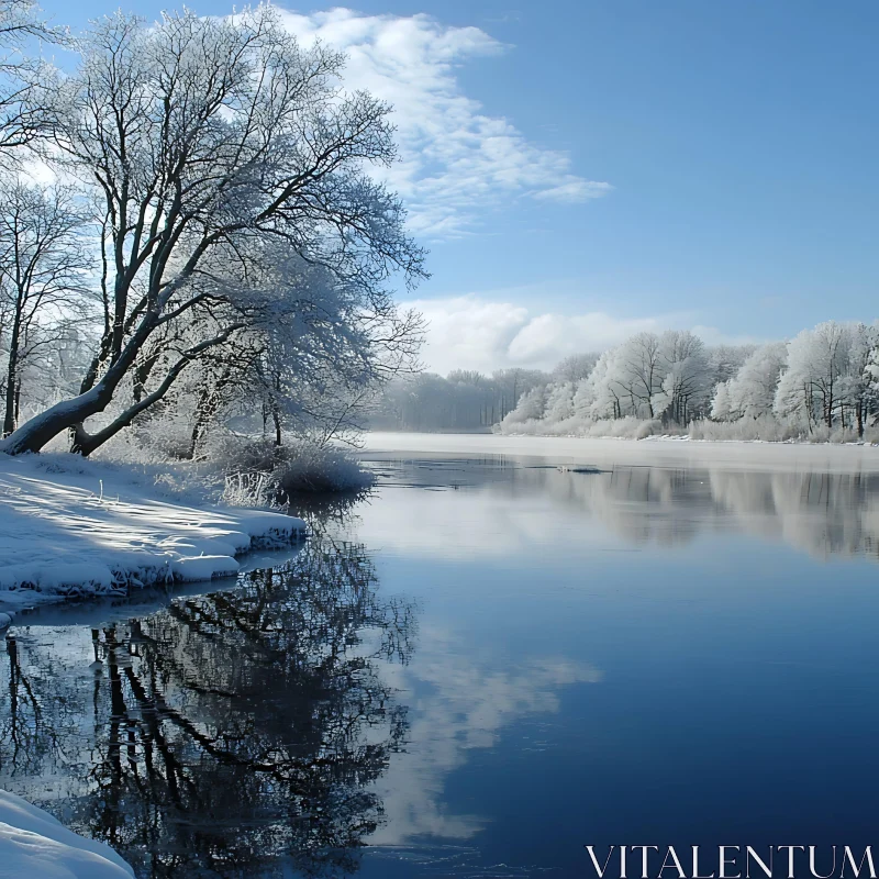 Tranquil Winter Landscape with Icy River AI Image