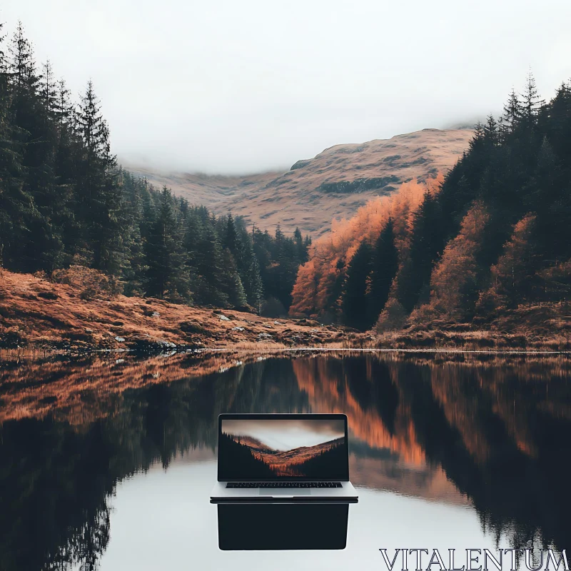 Autumn Landscape with Reflection and Laptop AI Image