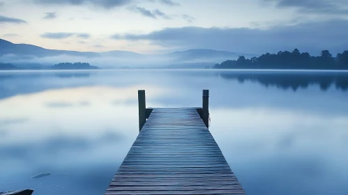 Calm Lake Scene at Dawn with Misty Mountains