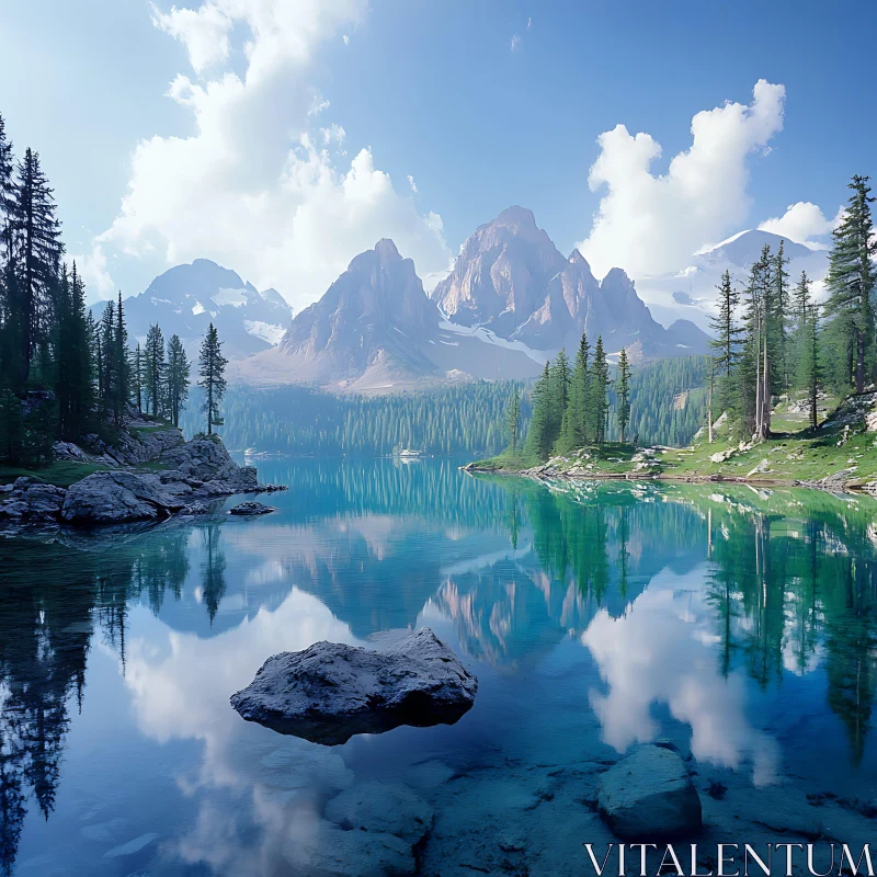 Mountainous Reflections on Crystal-clear Lake AI Image