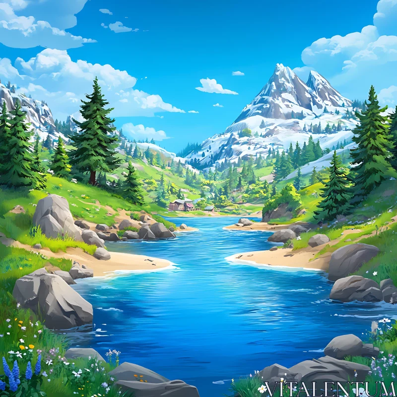 Tranquil Mountain Scenery with River and Cottage AI Image