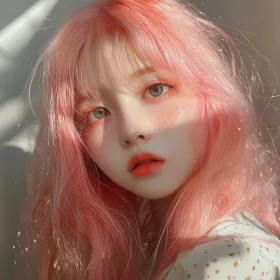 Ethereal Pink-Haired Woman with Freckles