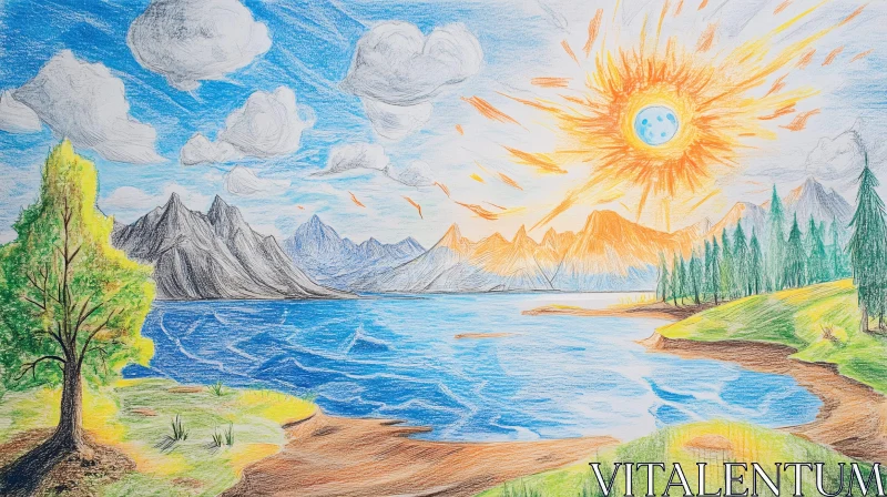 Radiant Sun Over Lake and Mountains Scenic Drawing AI Image